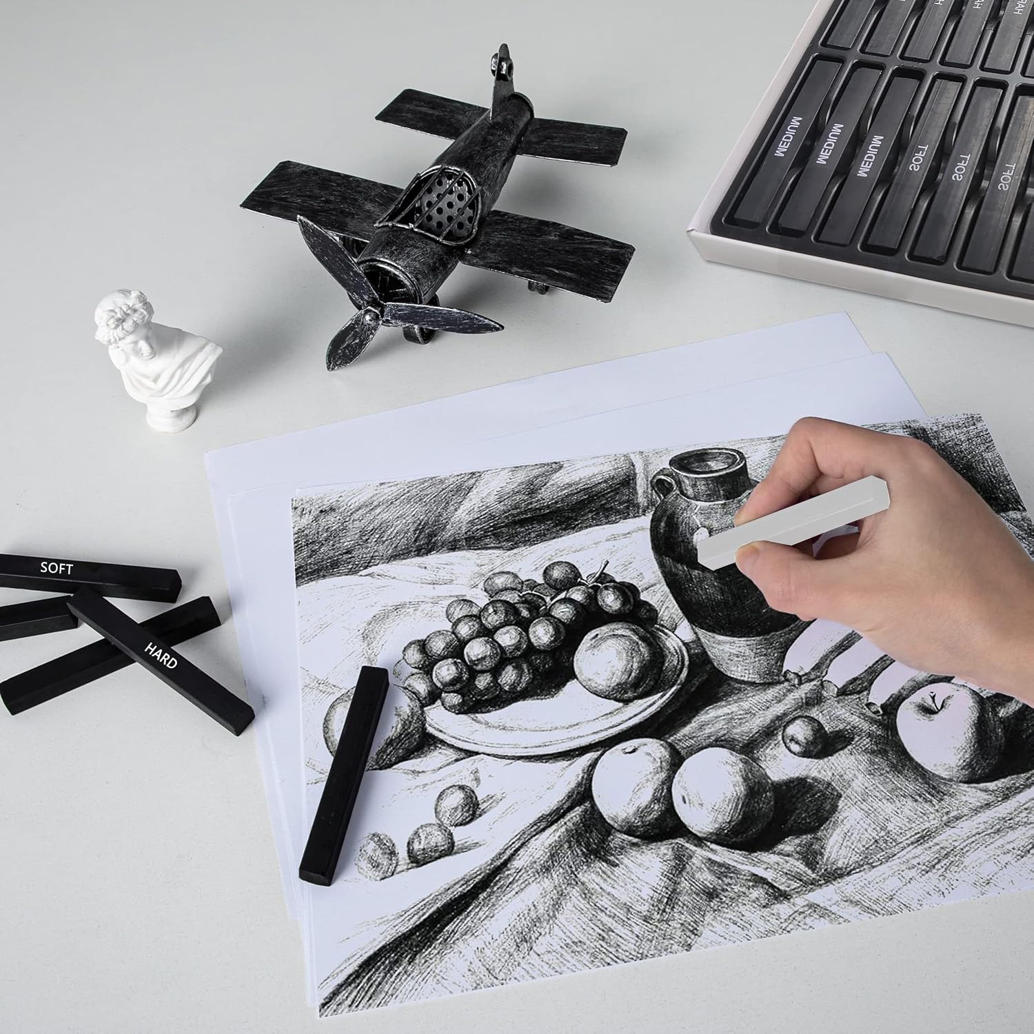 24 Pcs Compressed Charcoal Sticks with Soft, Medium, Hard and White Charcoal, Square Charcoal Stick Kit for Drawing, Sketching and Shading (12 Black and 12 White)