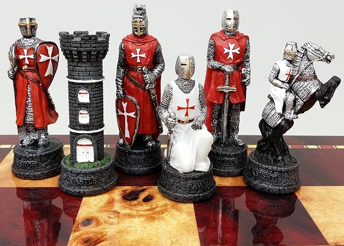 Medieval Times Crusades Chess Set – Hand-Painted Maltese Knights, 17” Board, Red & White Armor