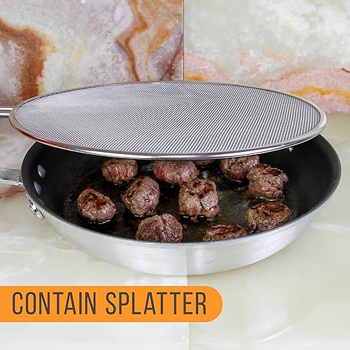 Miniatura 4 de U.S. Kitchen Supply Pantalla de salpicaduras de malla fina de acero inoxidable de 13 pulgadas con pies de descanso y mango de agarre cómodo negro