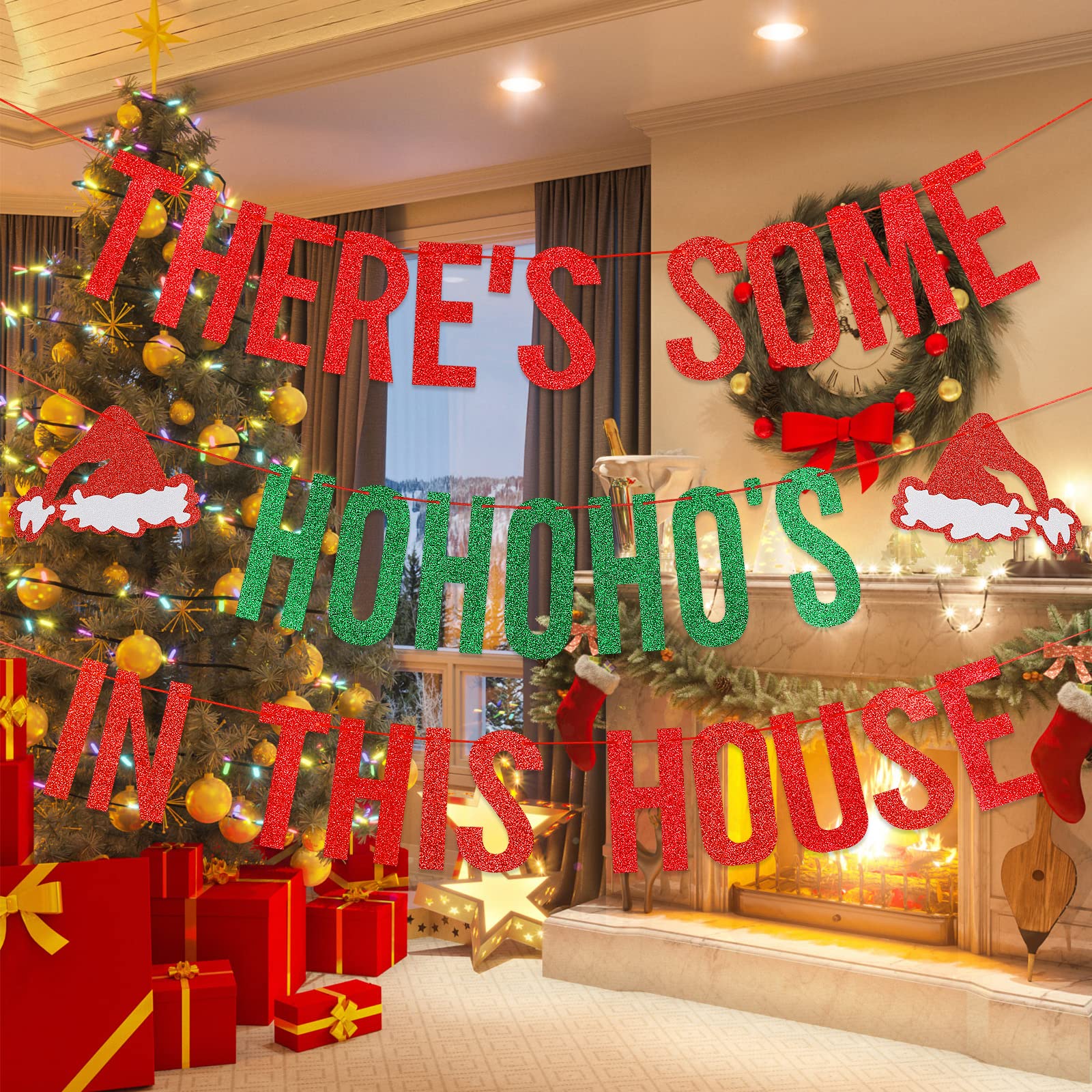 LeeSky Red and Green Glitter 'There's Some HoHoHos in This House' Banner, Funny Christmas Party Banner Decoration, Perfect for Xmas Holiday Party, Home Office, Fireplace Mantel Decorations