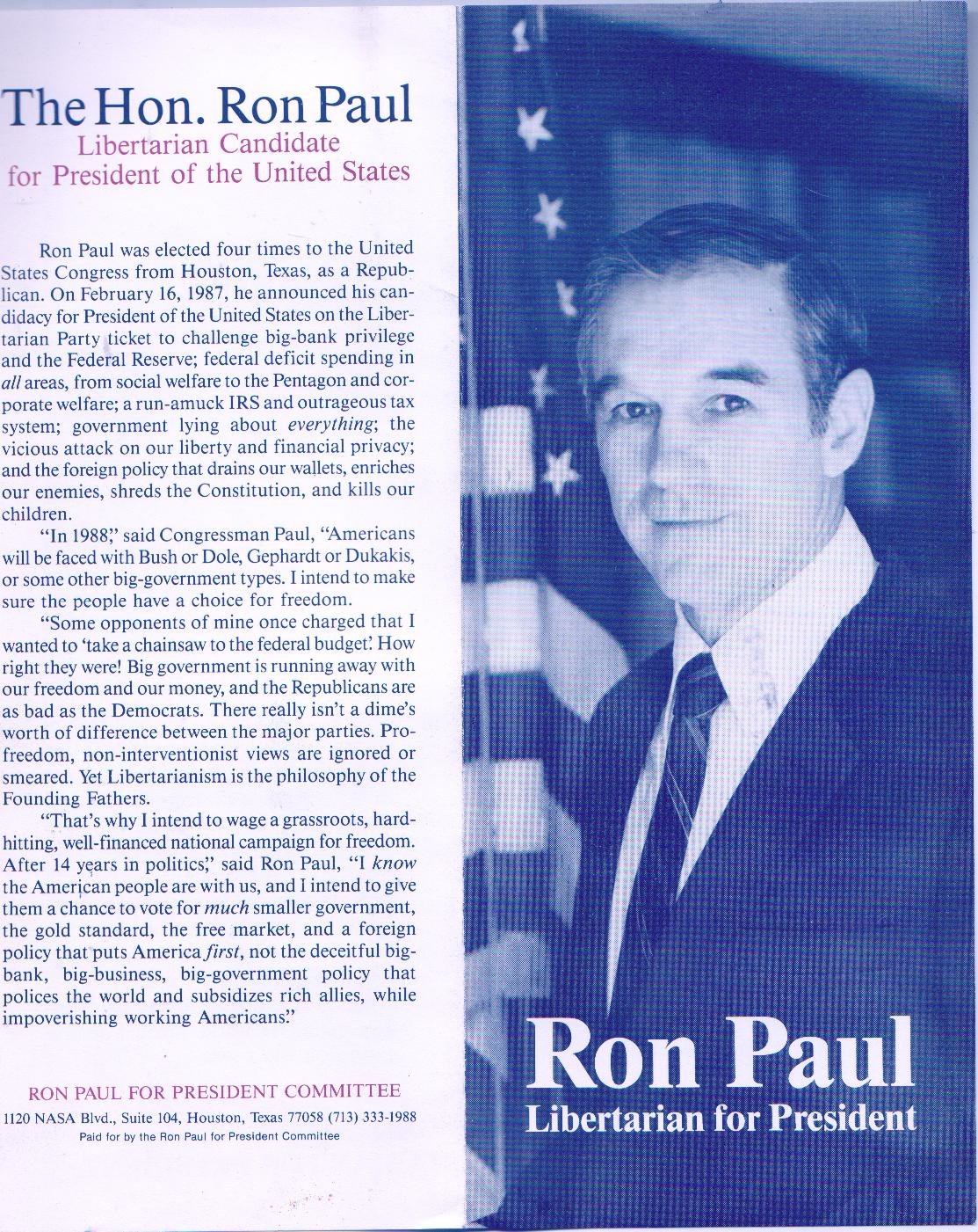 Ron Paul Libertarian for President - Original 1988 Campaign Pamphlet 