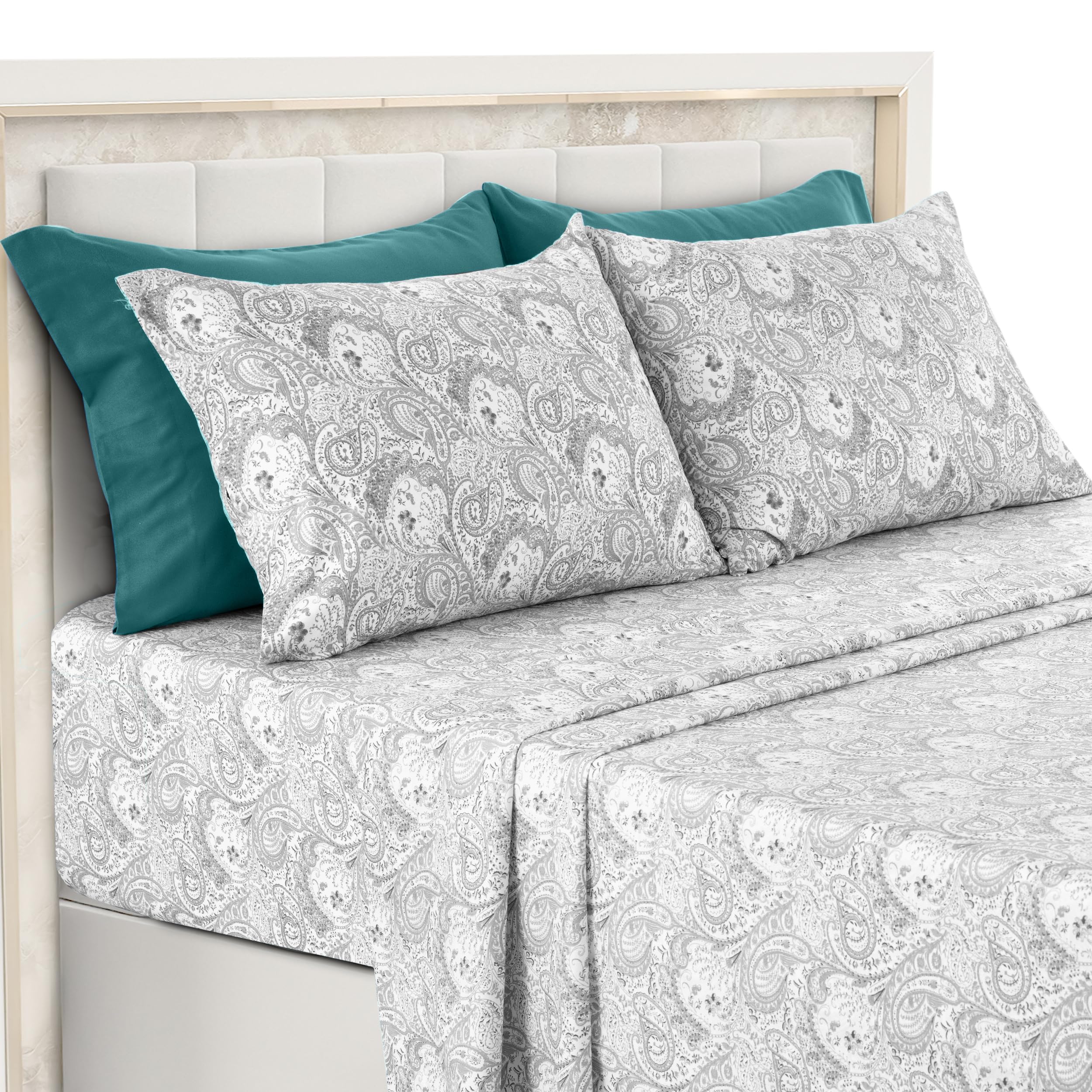 Ultra Soft Wrinkle-Free Microfiber Paisley Cal King Sheet Set, Cute Floral Pattern Boho Print – 16" Deep Pocket Fitted Sheet, Flat Sheet & 4