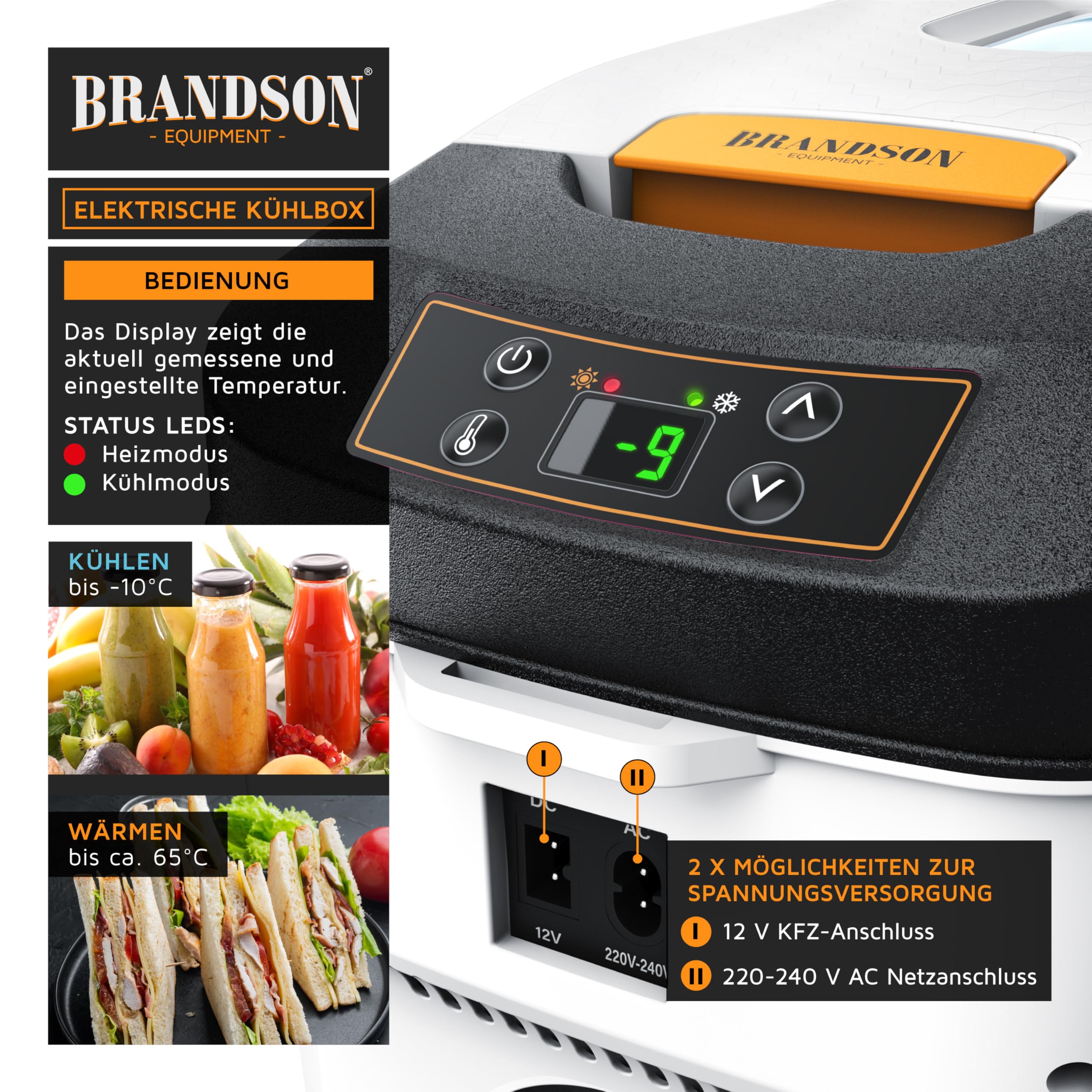 Brandson - Kühlbox elektrisch 10L – 230 V Netzspannung und 12 V KFZ Auto Bordspannung – kühlt und wärmt – Heizen max. 65°C – Herabkühlen ca 20°C unter der Umgebungstemperatur - Weiß