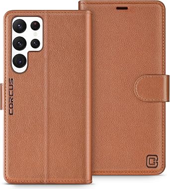 Card Holders-Protective Faux Leather Flip Wallet Case with Stand RFID Blocking Folio Cover for Men Women Compatible with Galaxy S22 Ultra 5G 6.8 inch-Light Brown