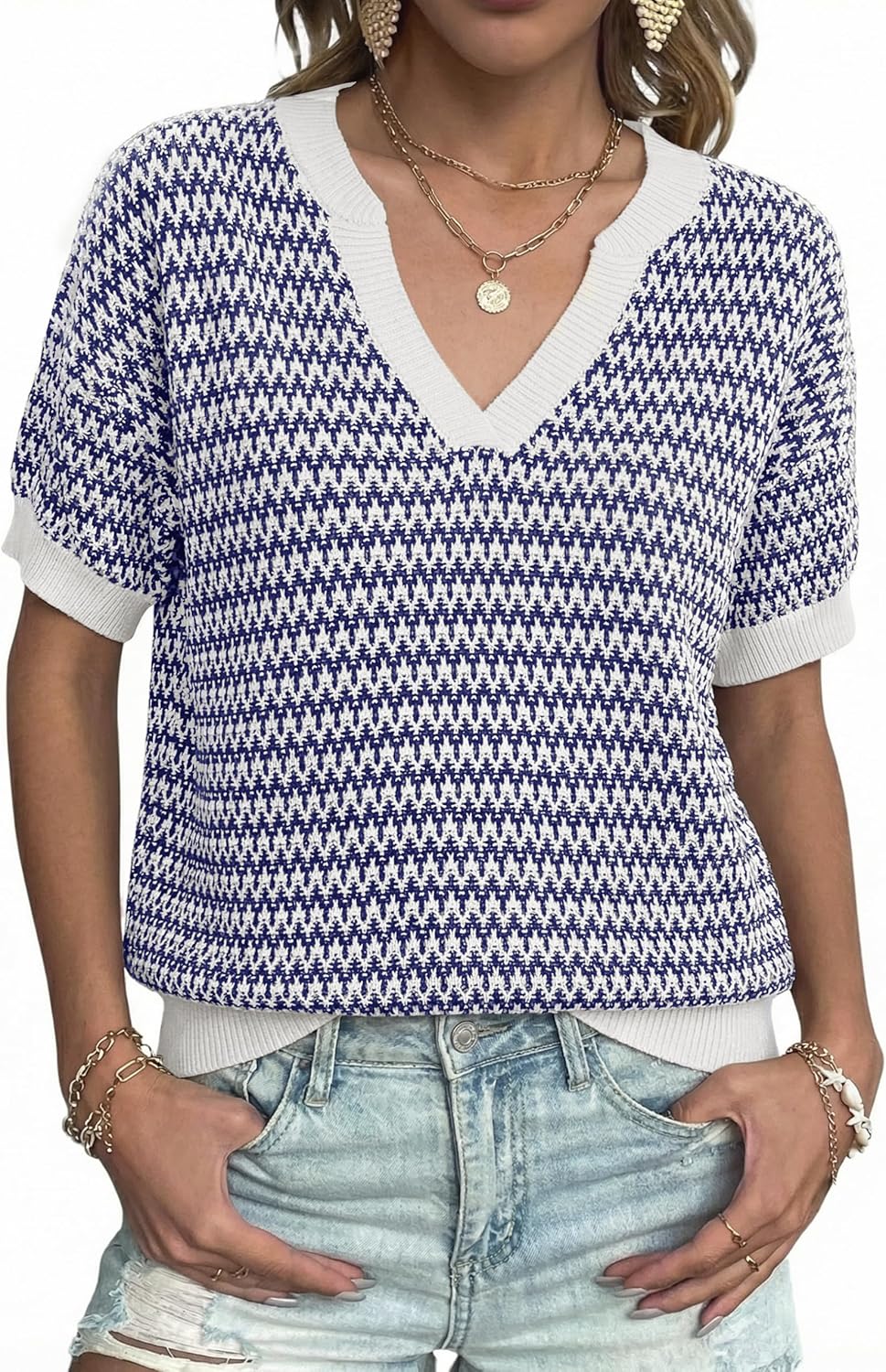 LaGracia Summer Sweaters for Women Short Sleeve Henley Neck Cotton Striped Cropped Sweaters Dressy Casual Outfits