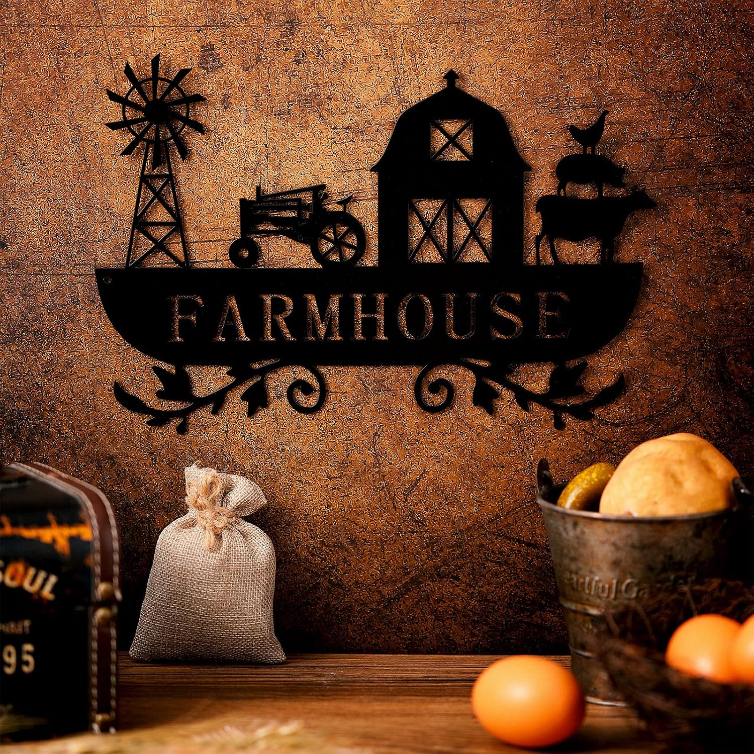 Metal Farmhouse Kitchen Decor Rustic Farm Sign Windmill Barn Tractor Animal Decor for Nursery Country Decor Christmas Gift for Father (Black)