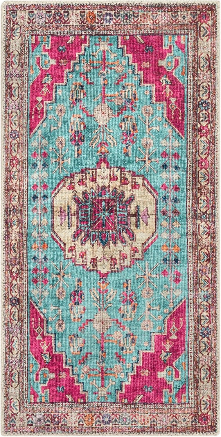 Well Woven Shasta Blue & Fuchsia Machine Washable Vintage Style Updated Classic Distsressed Mat Rug (2' x 3'11")