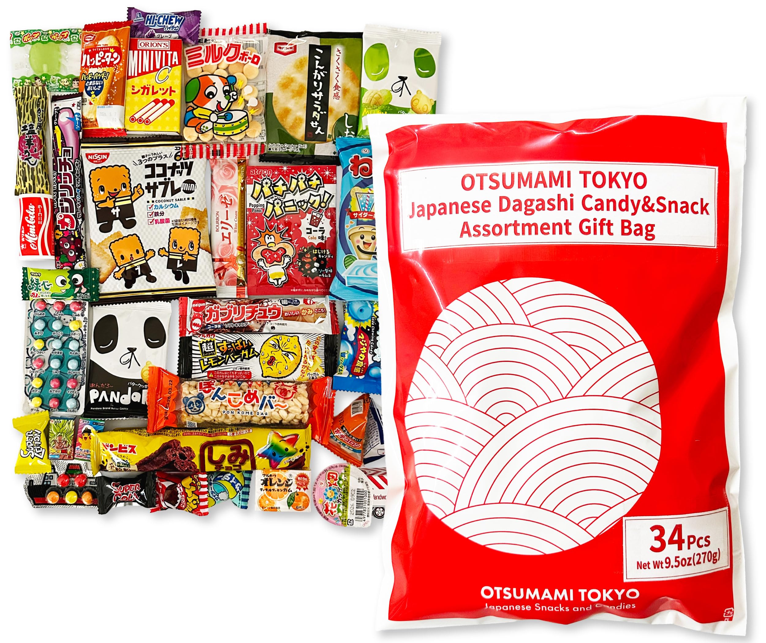OTSUMAMI TOKYO 34pcs Original Japanese Dagashi Treats Assortment Gift Bag - Hand-Picked Variety Box of Popular Goodies - Fun & Unique Gifts for Kids & Adults