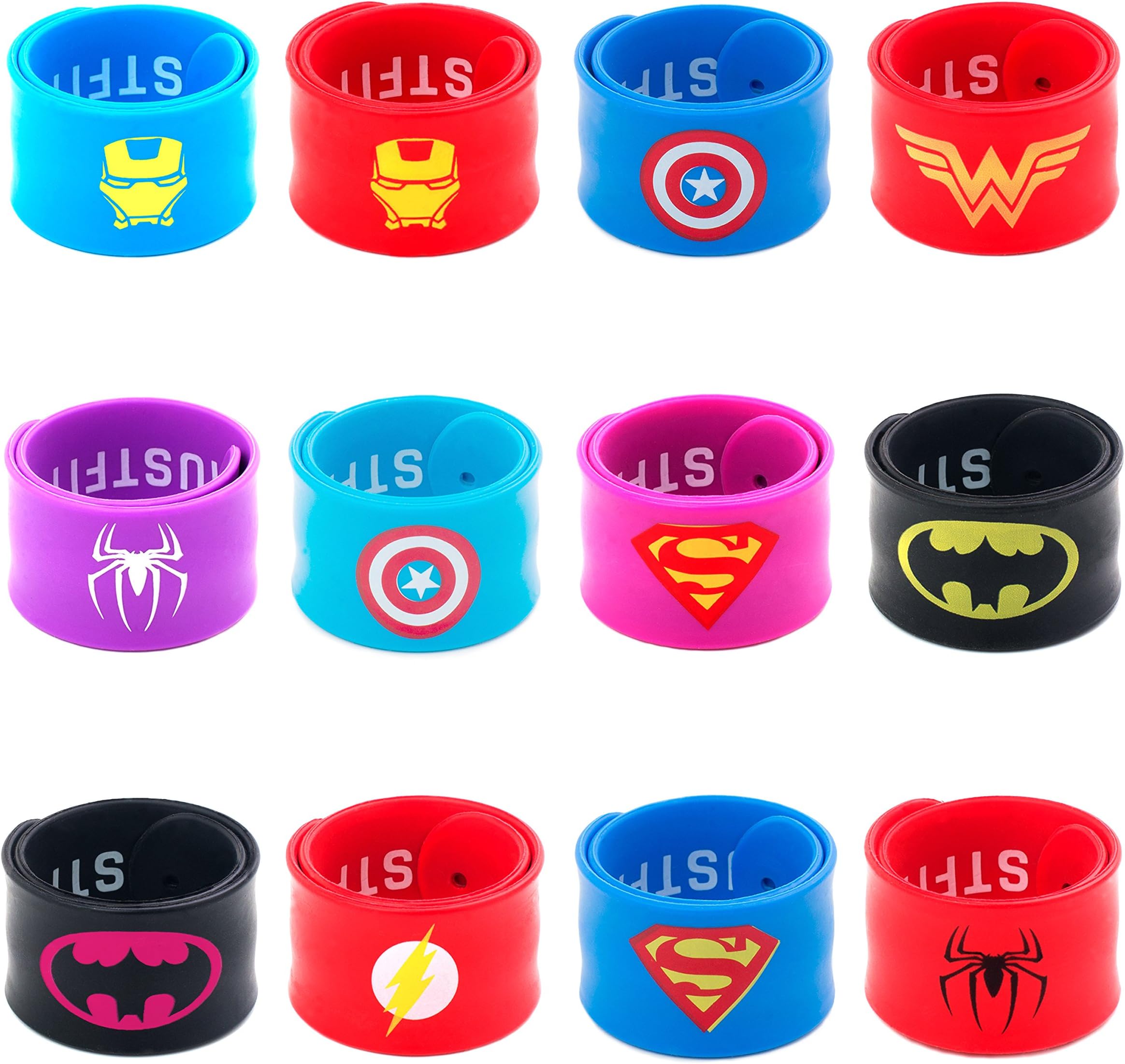 MUSTFIT Superhero Slap Bracelets for Kids (12 Pack) Boys & Girls Birthday Party Supplies Favors Wristband Accessories Wrist Strap