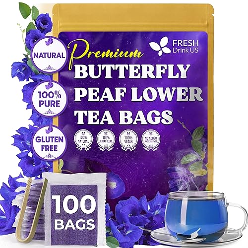 FRESHDRINKUS, 100 bolsas de té de flores de guisante de mariposa, 100% natural y puro de flores de guisante de mariposa, hechas a mano, hechas con