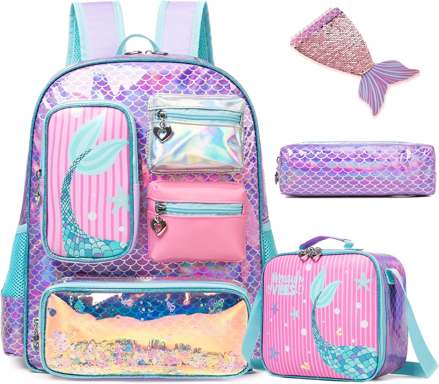 HTgroce Girls&rsquo; Primary School Backpack with Lunch Bag + Pencil Case for Children, Students, School Bag, Leisure, Travel, A-purple Mermaid, Minimalist