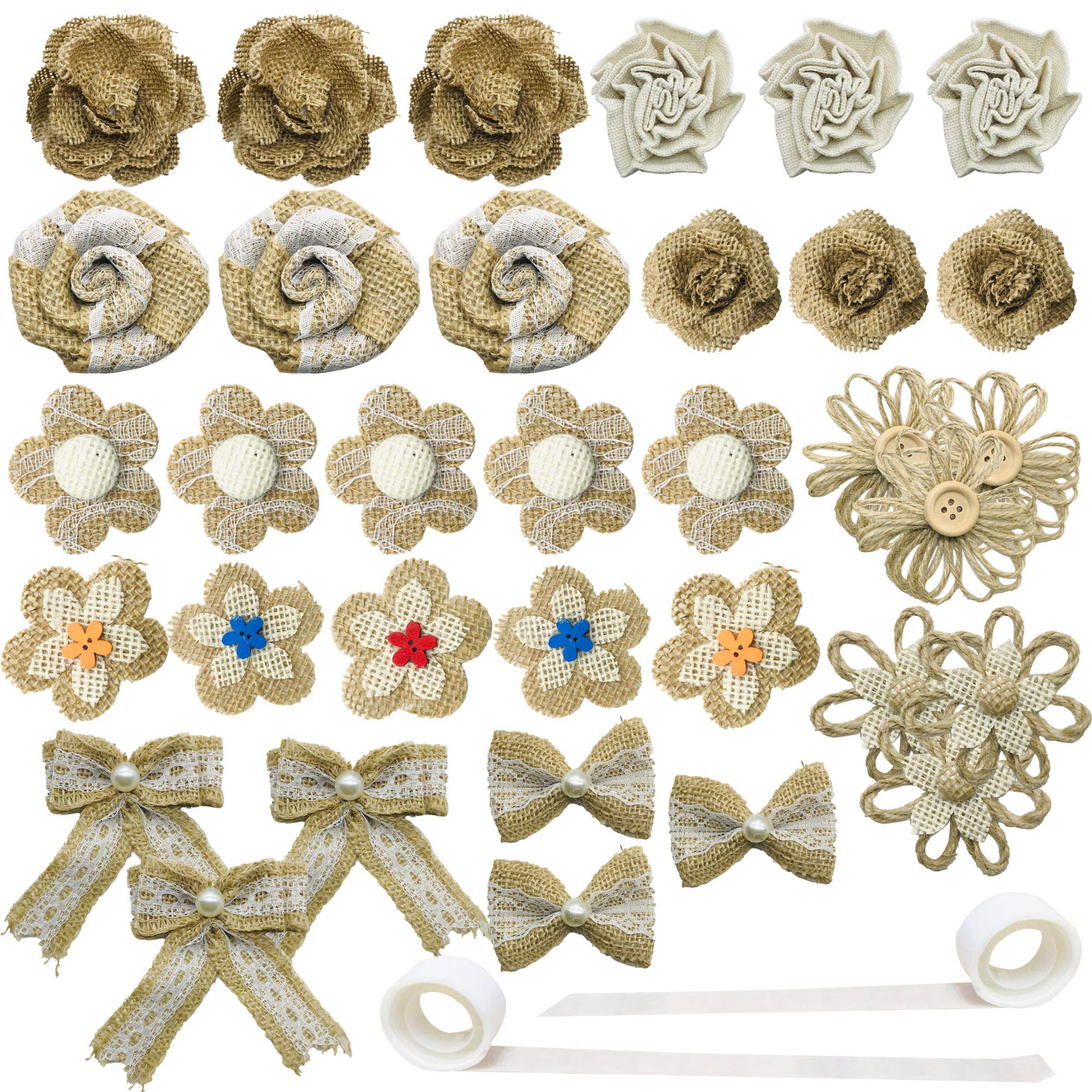 Seasonsky 41 PCS Natural Burlap Flowers Set, 39 PCS Handmade Burlap Rose Flowers and Glue Point for DIY Craft Wedding Party Gift Decor