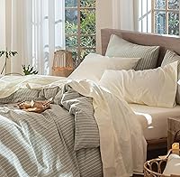 Vista 17 de MooMee – Juego de sábanas Gingham 100% algodón lavado con textura parecida al lino transpirable suave con bolsillo elástico de 16-19" de profundidad