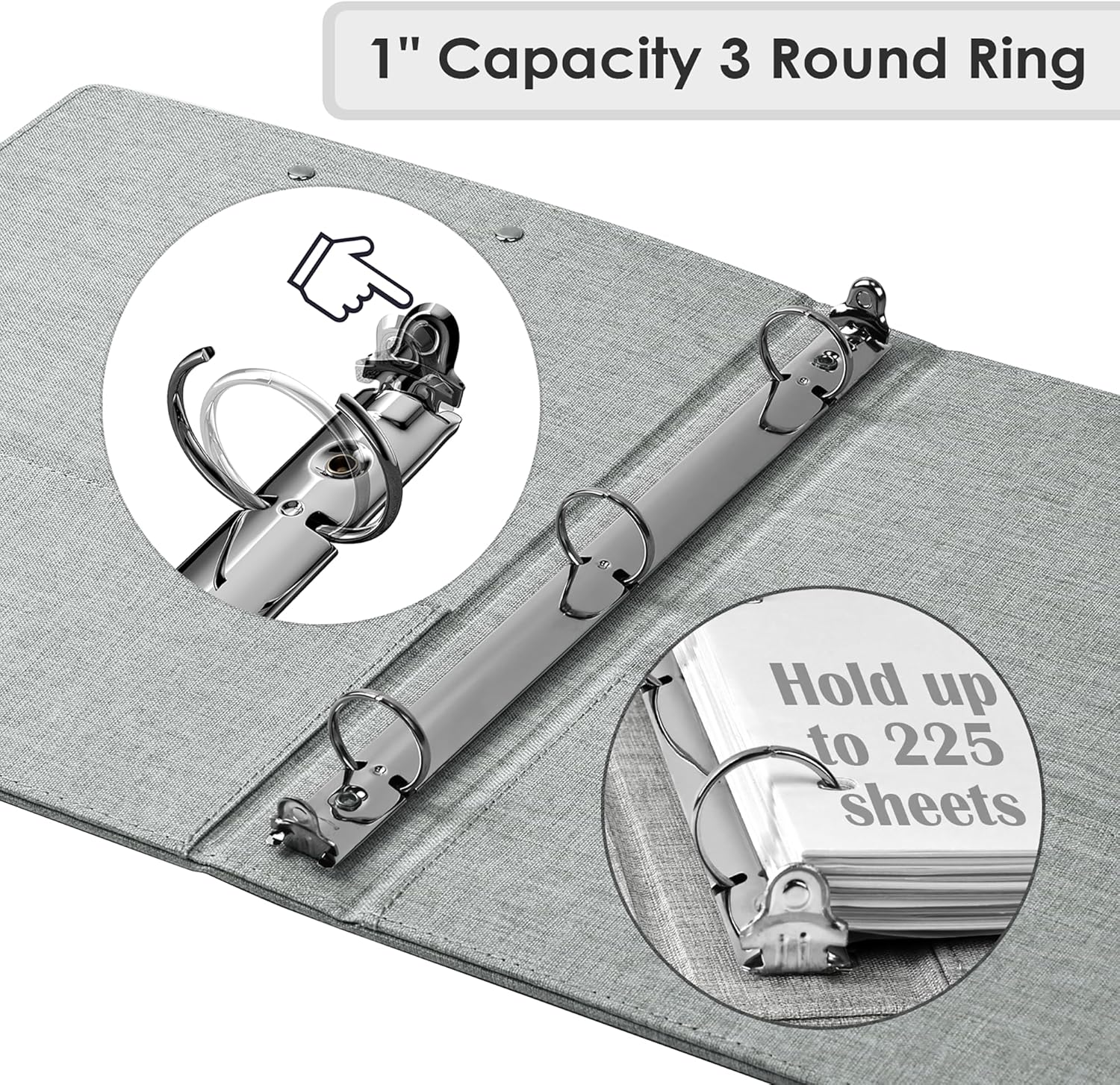 EYROZILL 3 Ring Binder, 1 Inch Linen Binder Organizer for Letter Size (8.5" x 11") with 5 Tab Dividers, File Folder Labels and Low Profile Clipboards, School and Office Supplies-Light Grey