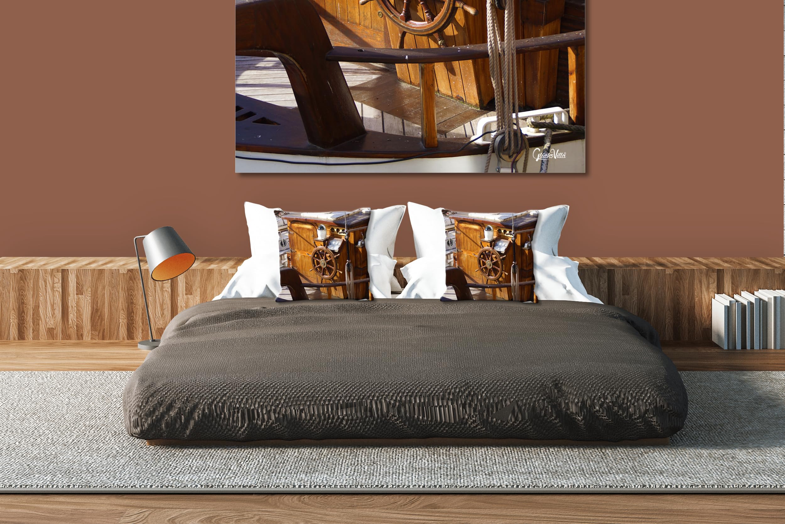 Segel-Schiff 6 - Foto-Kissen-Hülle Set (2 STK.) 40 x 40 cm | Kissen-Bezüge - passend zu Wandbild - Deko-Kissen - Segel-Boot Holz Meer Steuerrad maritim