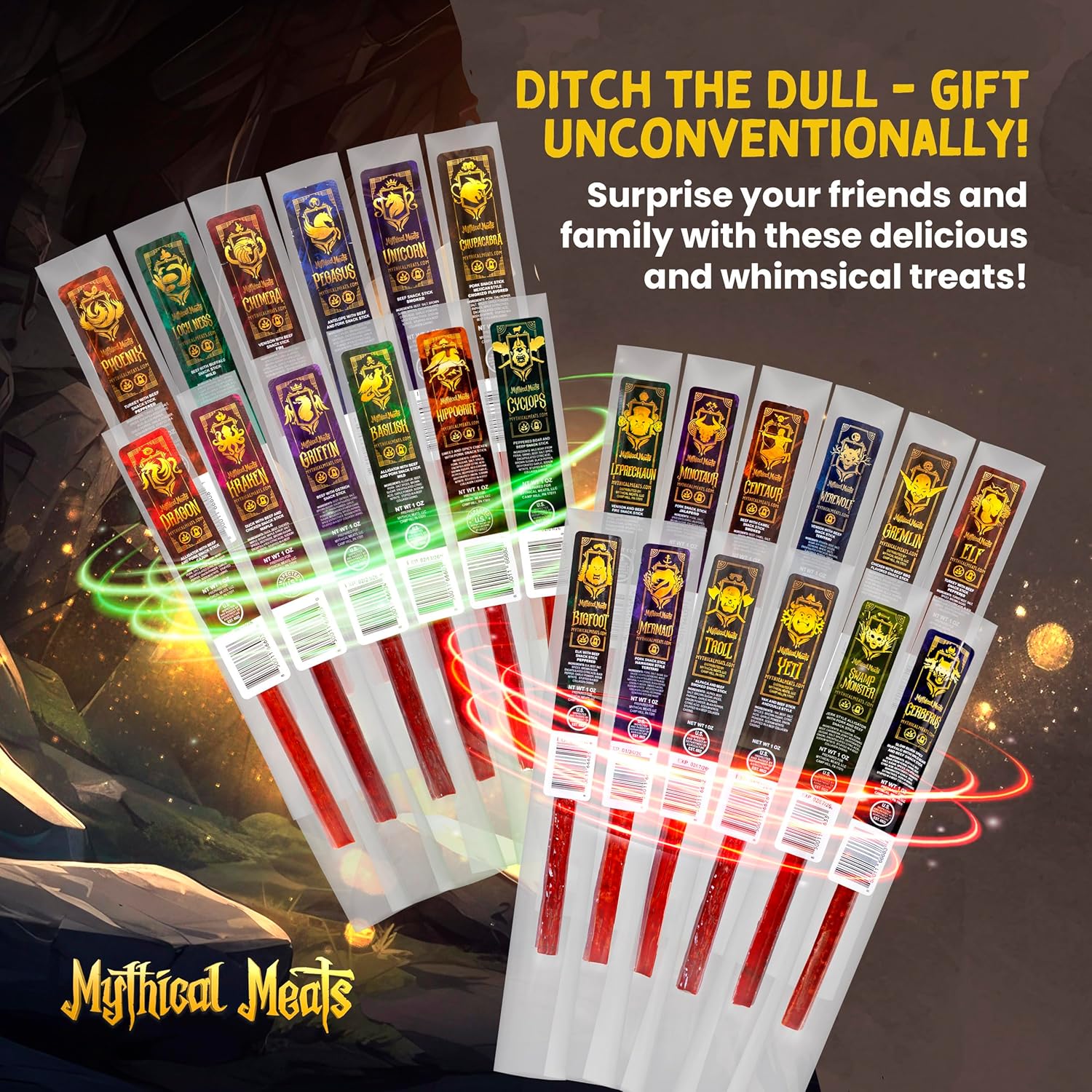 Mythical Meats Exotic Sampler Pack – 24 Mysterious Game and Beef Snack Sticks – Dried & Dehydrated Meats Seasoned to Perfection – High Protein Snacks Keto Friendly