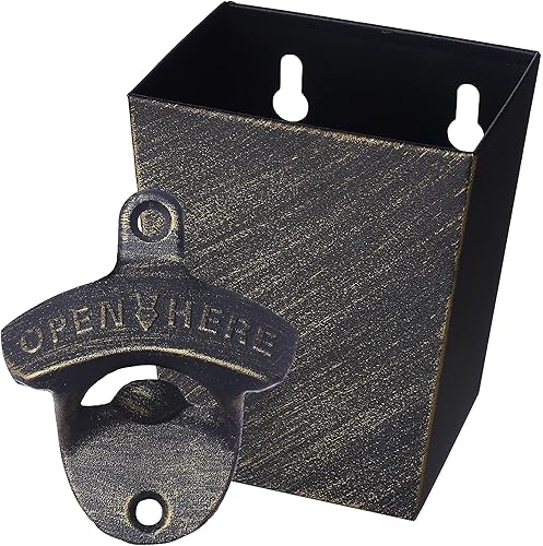 Abridor de botellas de cerveza antiguo montado en la pared con tapa colector de tapas de acero inoxidable drenado estrecho (bronce envejecido)