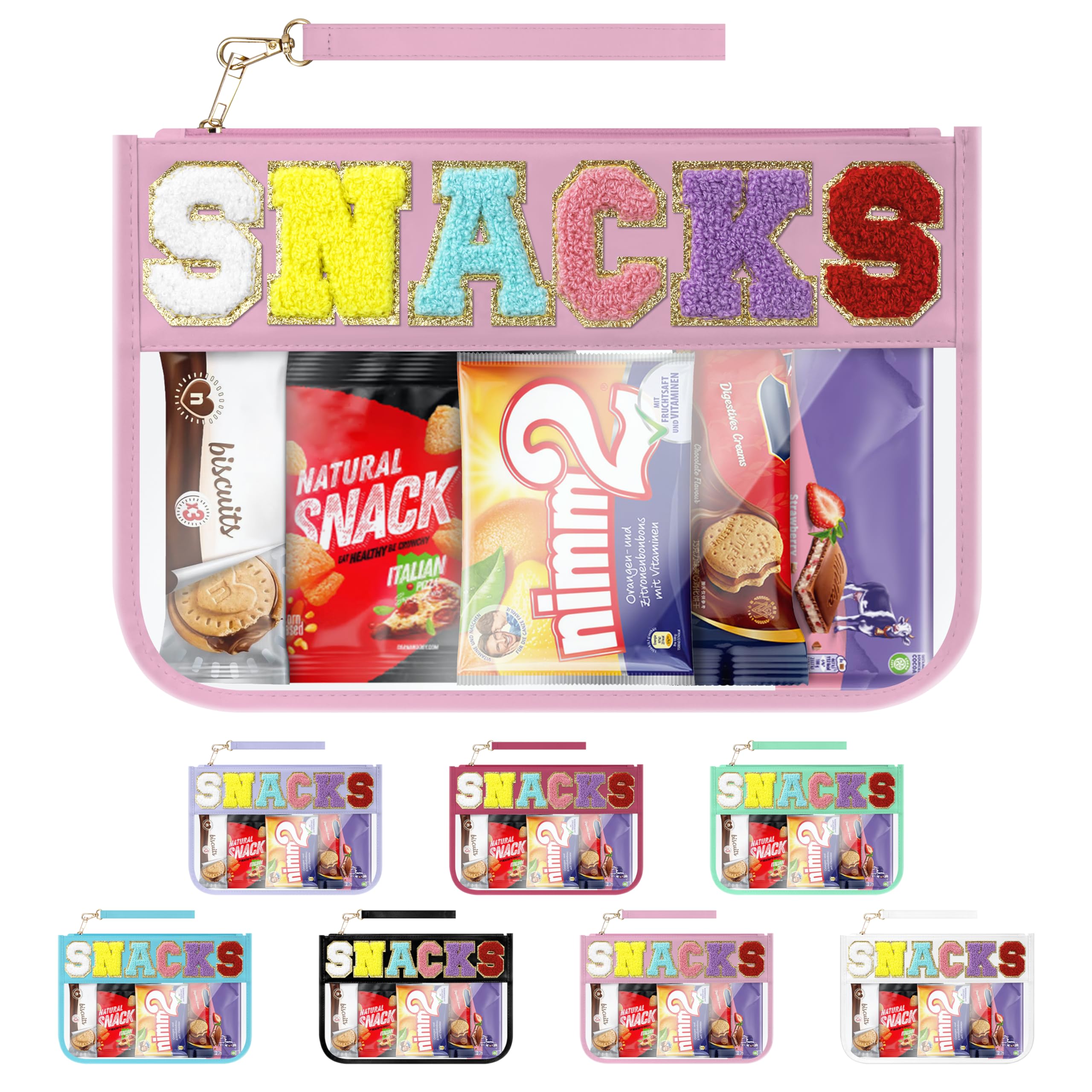 WOPIPAL Snack Bag for Travel & Makeup - Clear Chenille Letter Zipper Pouch, Waterproof Cosmetic Tote Bag for Women & Girls (Pink)