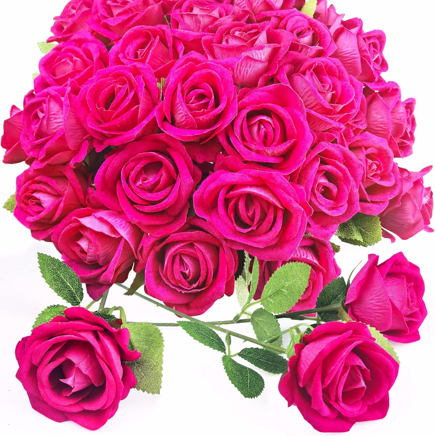 36 Pcs Hot Pink Rose Artificial Flowers Velvet Bouquet with Long Stem Real Touch Fake Roses Florals for Bridal Wedding Bouquet Party Arrangement Centerpiece Decorations
