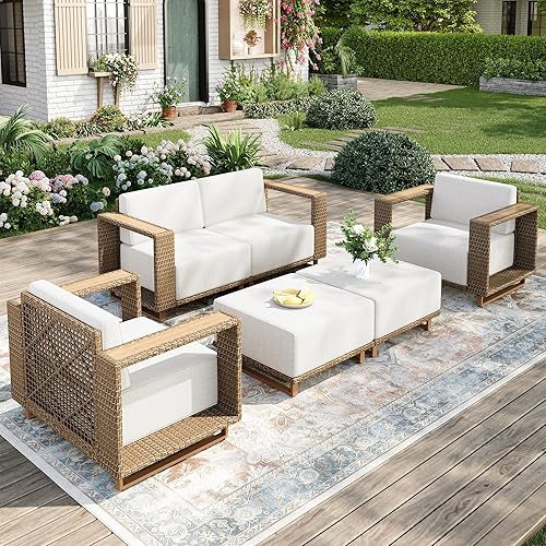 Outdoor Patio Furniture Set, 6 Piece Outdoor Rattan Wicker Couch Set, Conversation Sets with 2 Single Sofas, 2 Armchairs and 2 Ottomans for Deck Backyard Lawn