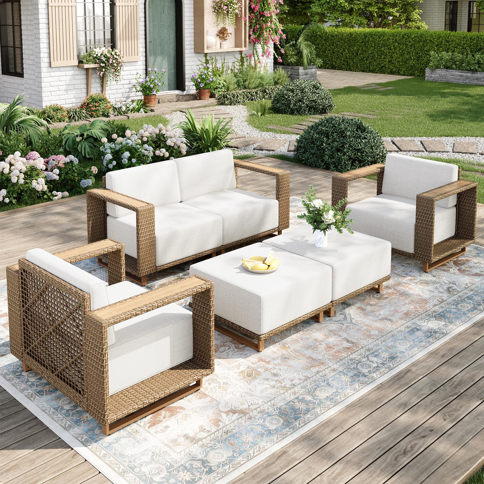MIXPATIO Patio Furniture Set, 5 Piece Outdoor Wicker Couch Set, Deep Seating Yellow Rattan Conversation Sets with 10" Thick Cushions, 5.5" Wide Armrest, Low Profile Deck Backyard Lawn Furniture