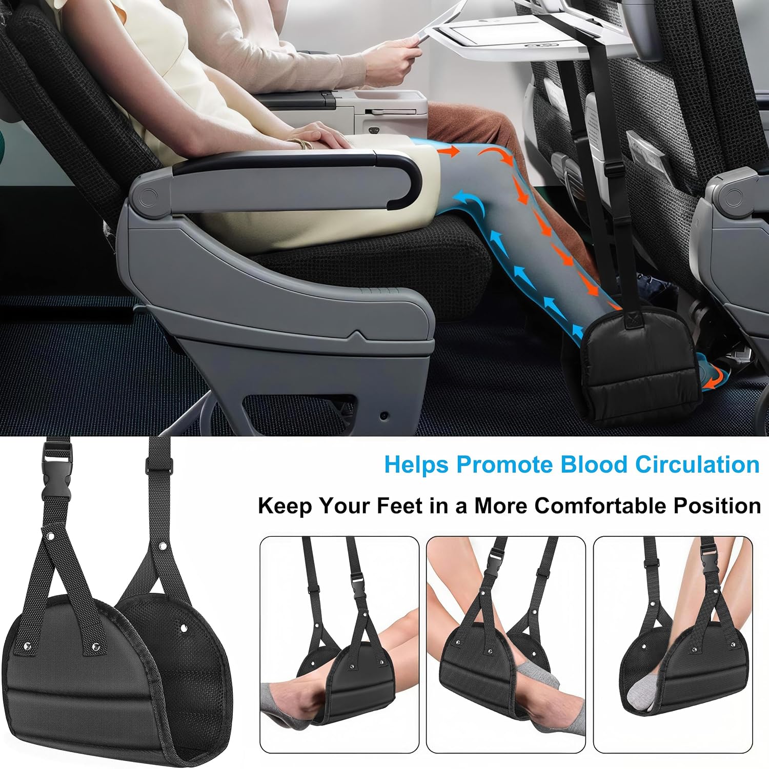 Foot Hammock for Aircraft Travel Car, with Storage Bag, Adjustable Portable Foldable Footrest Leg Rest, Removable Mat for Men and Women, Desktop Hammock Support for Travel, Cars and Home