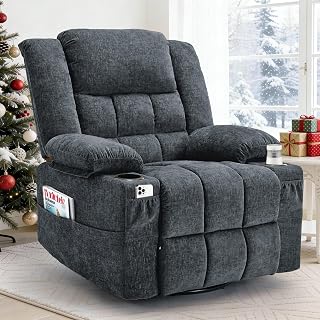 KORSER 360° Swivel Rocker Recliner with Massage, Heating & Cup Holders - Fabric Nursery Glider for Adults, Living Room, Bedroom (Dark Gray)
