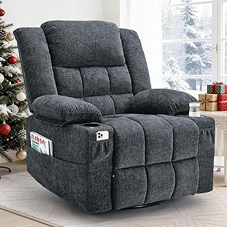 360° Swivel Rocker Recliner for Adults, Nursery Glider Recliner with Massage and Heating, Rocking Chair with Cup Holder, Manual Recliner Chair for Living Room, Bedroom (Fabric, Dark Gray)