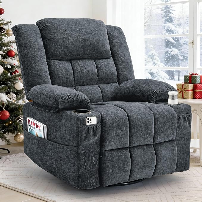 360° Swivel Rocker Recliner for Adults, Nursery Glider Recliner with Massage and Heating, Rocking Chair with Cup Holder, Manual Recliner Chair for Living Room, Bedroom (Fabric, Dark Gray)