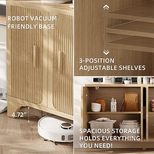 Vista 5 de Gabinete de buffet acanalado moderno de mediados de siglo con almacenamiento, aparador decorativo y armario de almacenamiento de credenza con Roble