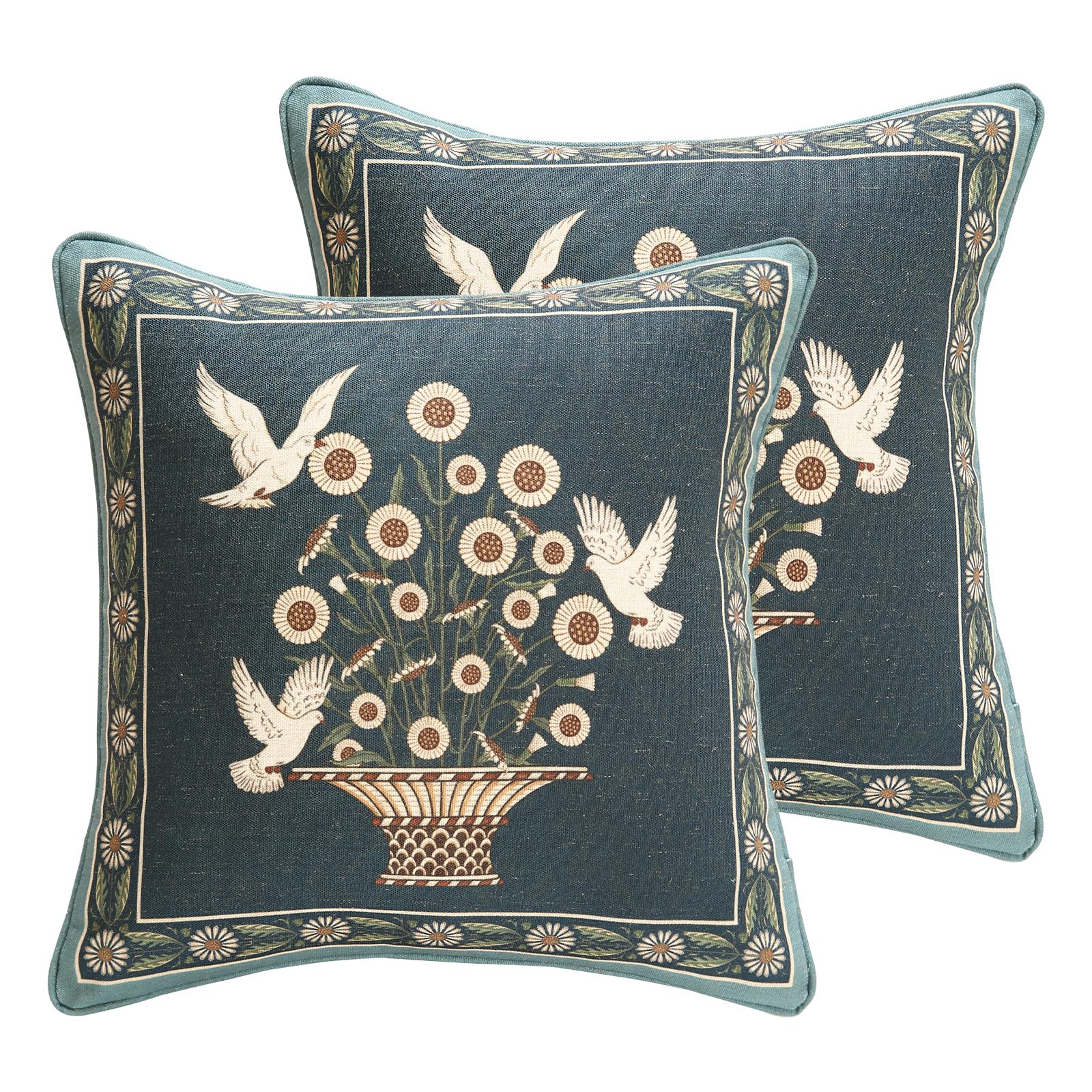 bilin gaier Green Throw Pillow Covers Set of 2,French Farmhouse with White Birds and Flowers Pattern Linen Pillowcases,Decorative Square Pillows