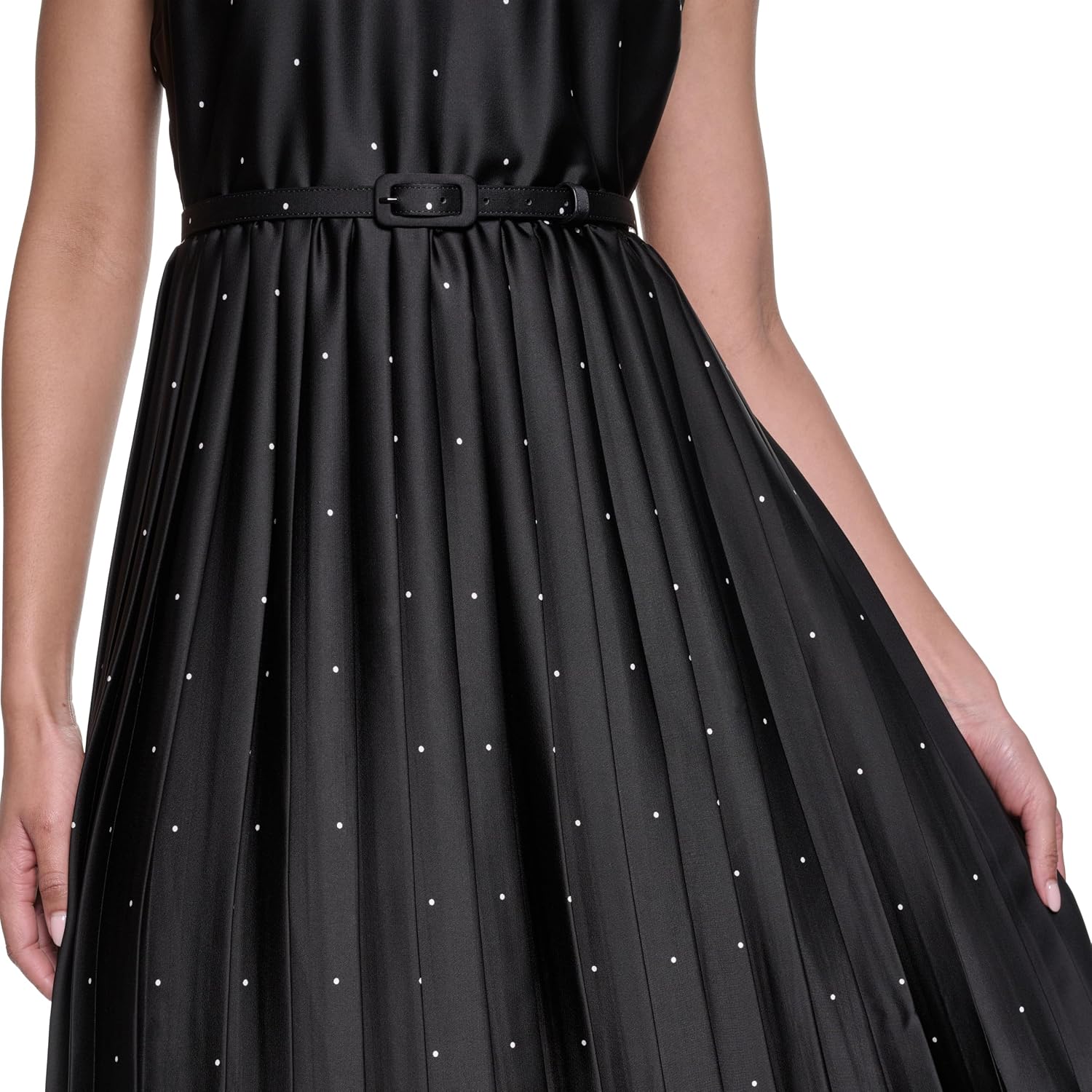 Karl Lagerfeld Womens Sleeveless Tie Neck Printed Matte Satin Pleated Skirt Midi Dress