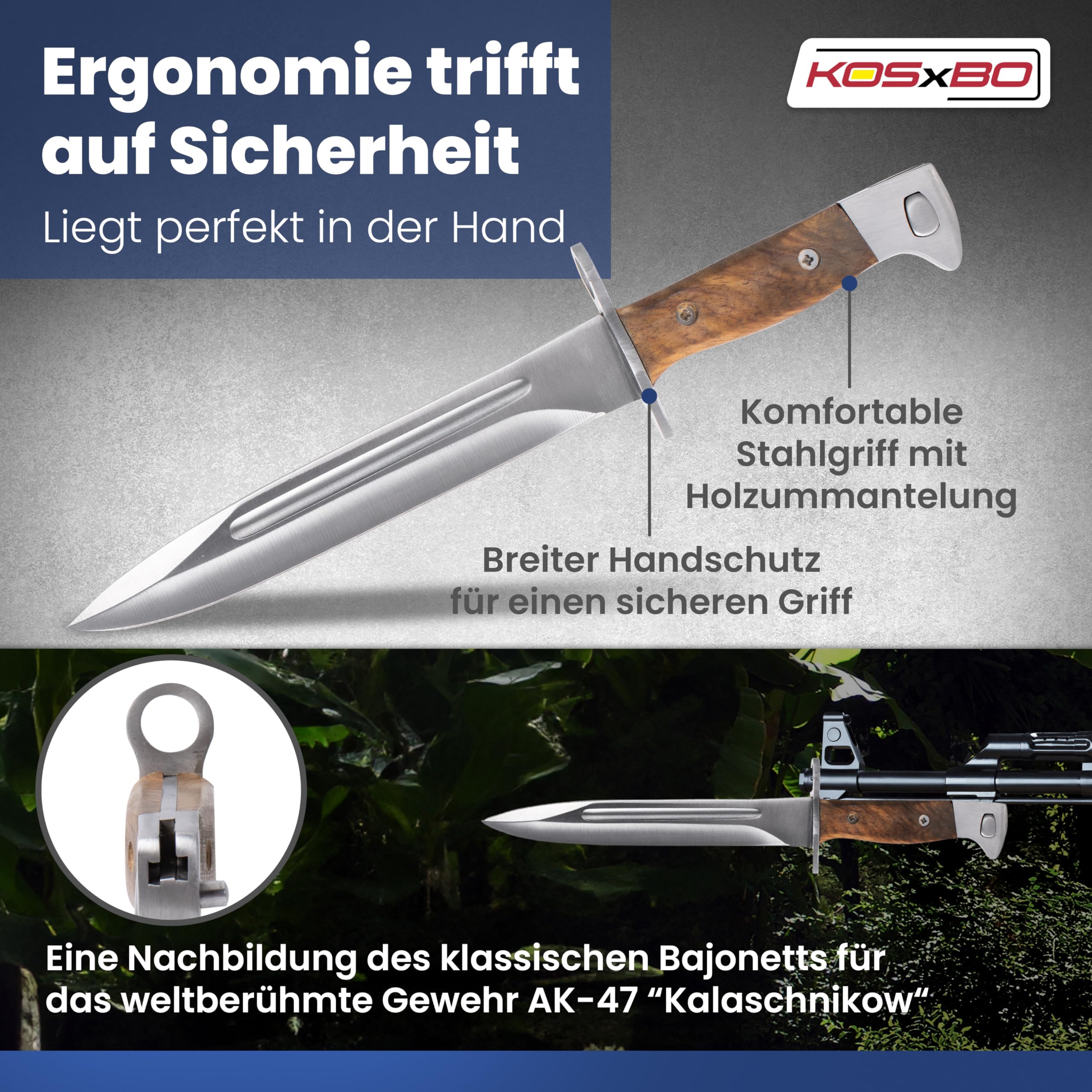 KOSxBO® AK UDSSR 47 Messer Bajonett inklusive Lederhülle Länge 31 cm AK Abfangmesser Jagd Angeln