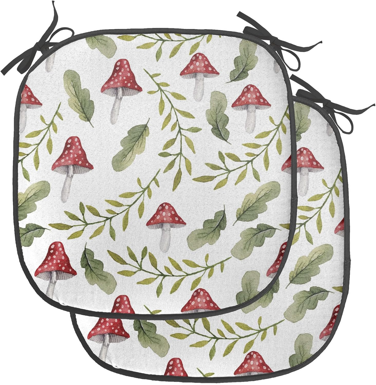 Ambesonne Mushroom Chair Seating Cushion Set of 2, Watercolor Pattern Green Leaves Forest Elements Botanical Woodland Theme, Anti-Slip Seat Padding for Kitchen & Patio, 16"x16", Reseda Green Ruby