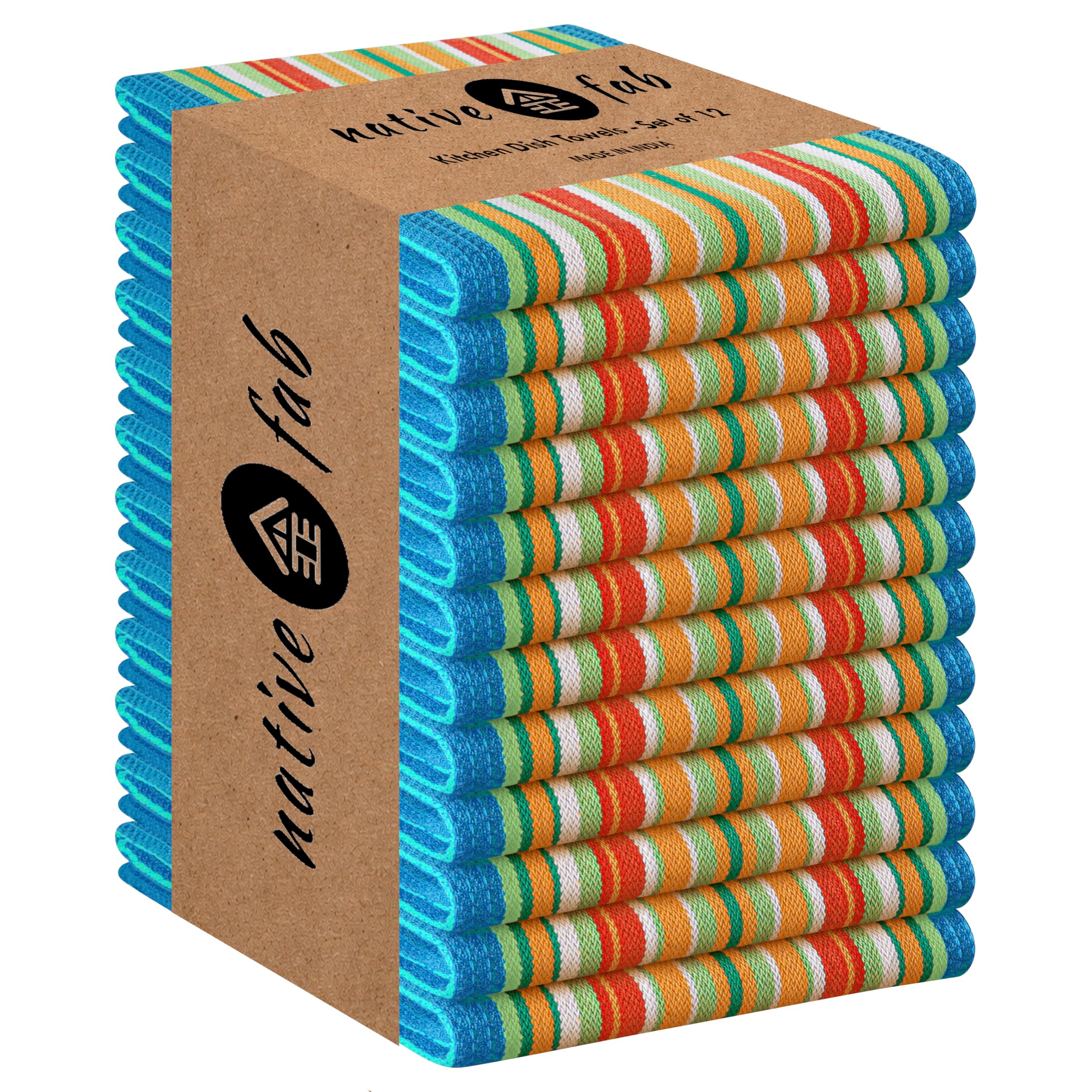 Native Fab Mexican Salsa Stripe Kitchen Towels, 12 Pack, 18x28 Inches, Cotton Dish Towels, High Absorbent, Rustic Farmhouse Boho Kitchen Decor, Reusable, Washable Dishcloth Set, Turquiose Blue