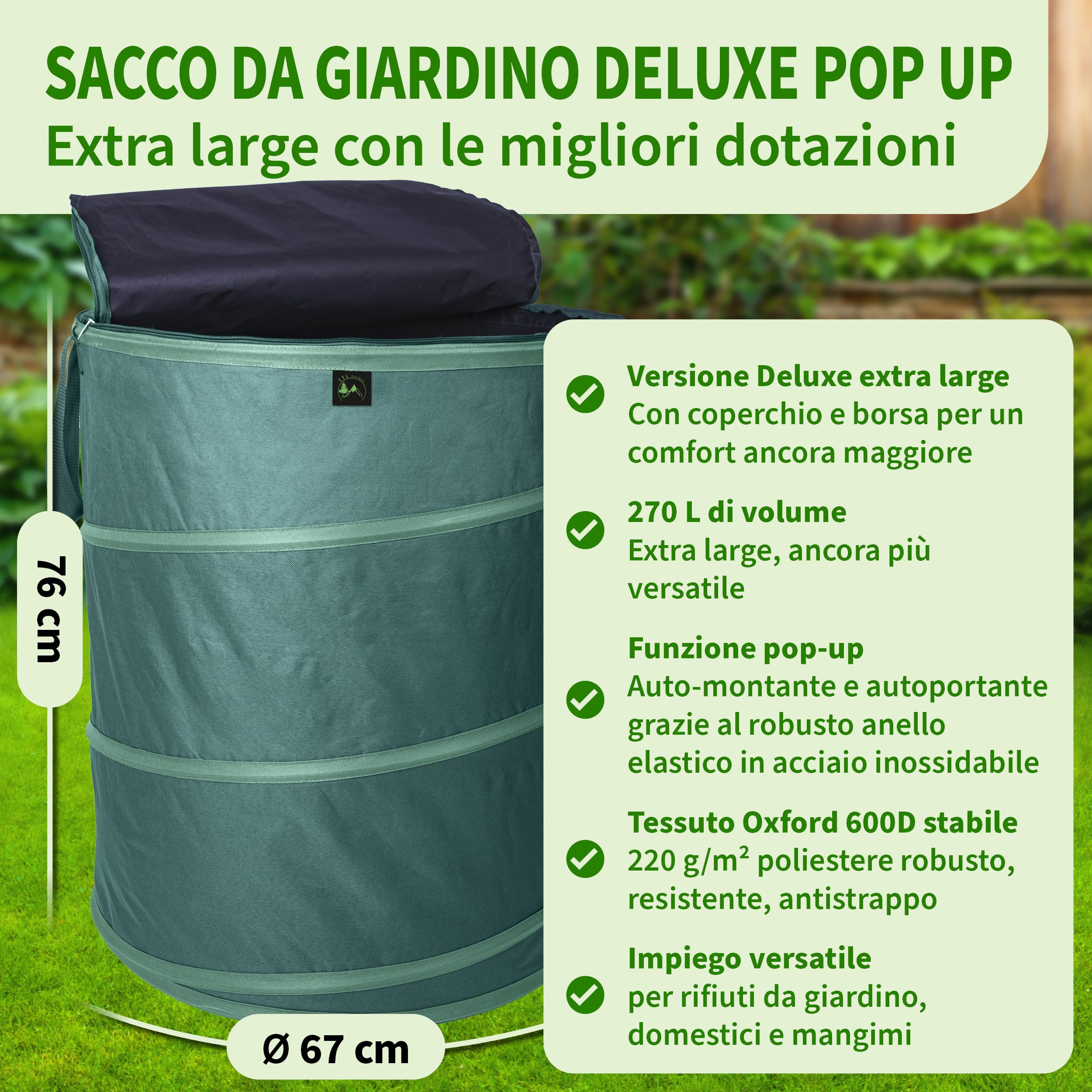 TTL GARDEN Sacco da giardino Deluxe Pop Up da 270 l, con coperchio, 220 g/m², 600D, Oxford, 270 litri, pieghevole, grande, stabile, per il taglio verde, da giardino