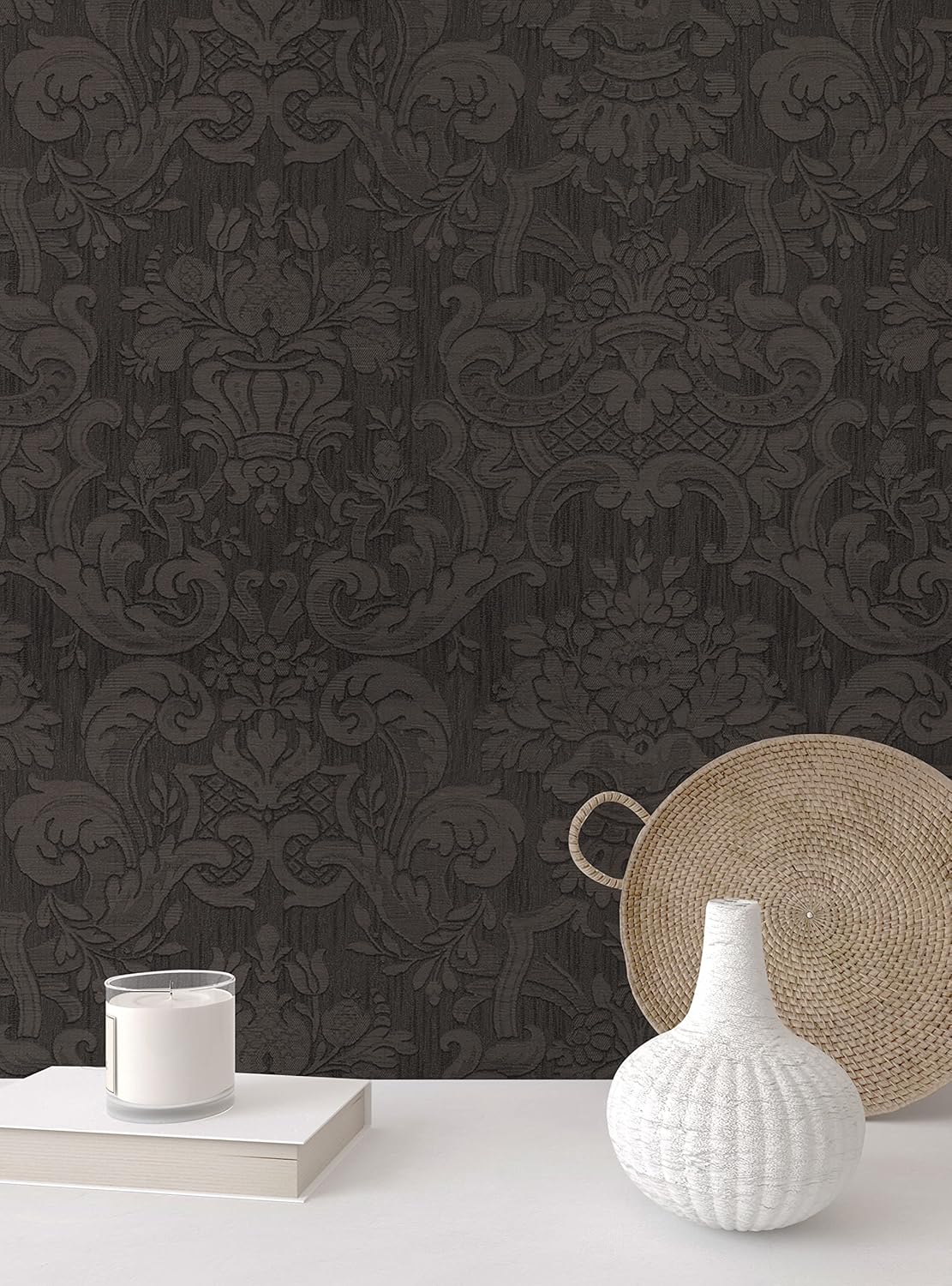 Damask Weave Textured Look Peel and Stick Wallpaper (6 Sheet Set - 2x9 Feet, Dark)