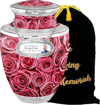 Personalized Medallion Blooming Roses Cremation Urns for Adults - 200lbs Burial Urns - Handcrafted Funeral Decorative Urns for Male and Female with Velvet Bag
