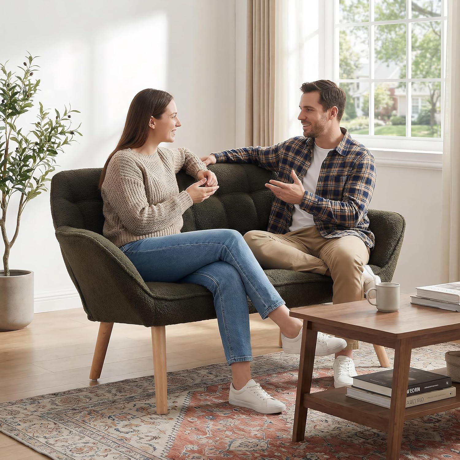 48”Small Loveseat Sofa, Modern Sherpa Upholstered Mini Couch 2-Seater Fluffy Love Seat with Quilting Backs and Wood Legs for Small Space, Living Room, Bedroom, Green