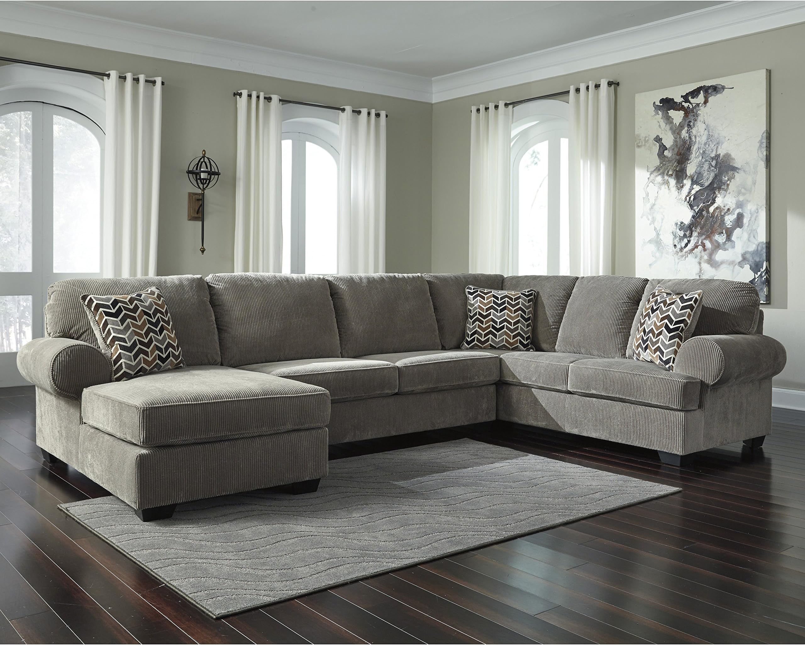Flash Furniture Signature Design by Ashley Jinllingsly 3-Piece RAF Sofa Sectional in Gray Corduroy