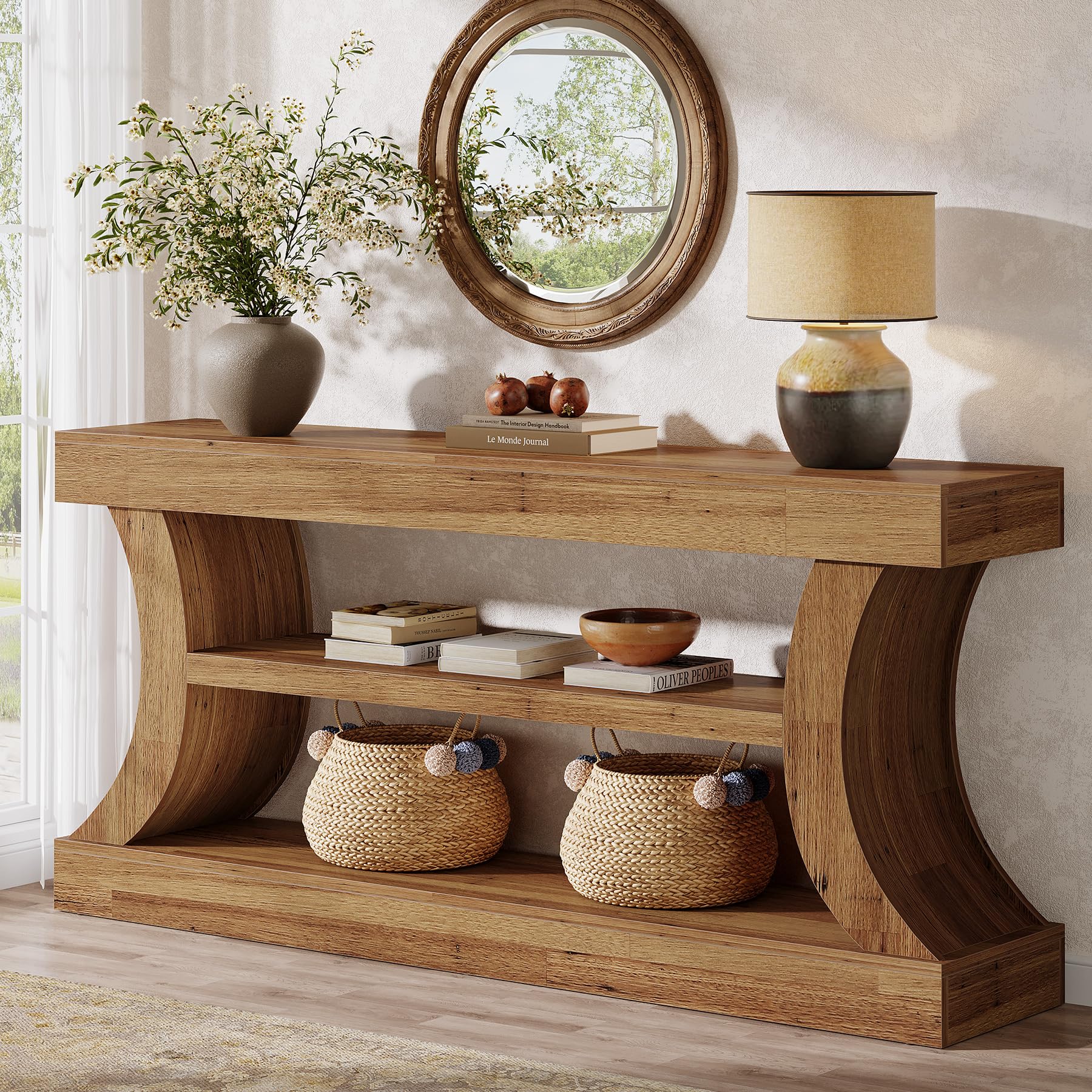 Tribesigns Table console d'entrée de 160 cm avec rangement, console TV avec design incurvé pour salon, chambre à coucher (noyer clair, 30 cm de profondeur x 160 cm de largeur