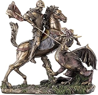Top Collection St. George Slaying The Dragon Statue - St. George, Legendary Medieval Knight Sculpture in Cold-Cast Bronze with Color Accents - 10.5-Inch Medieval Figurine