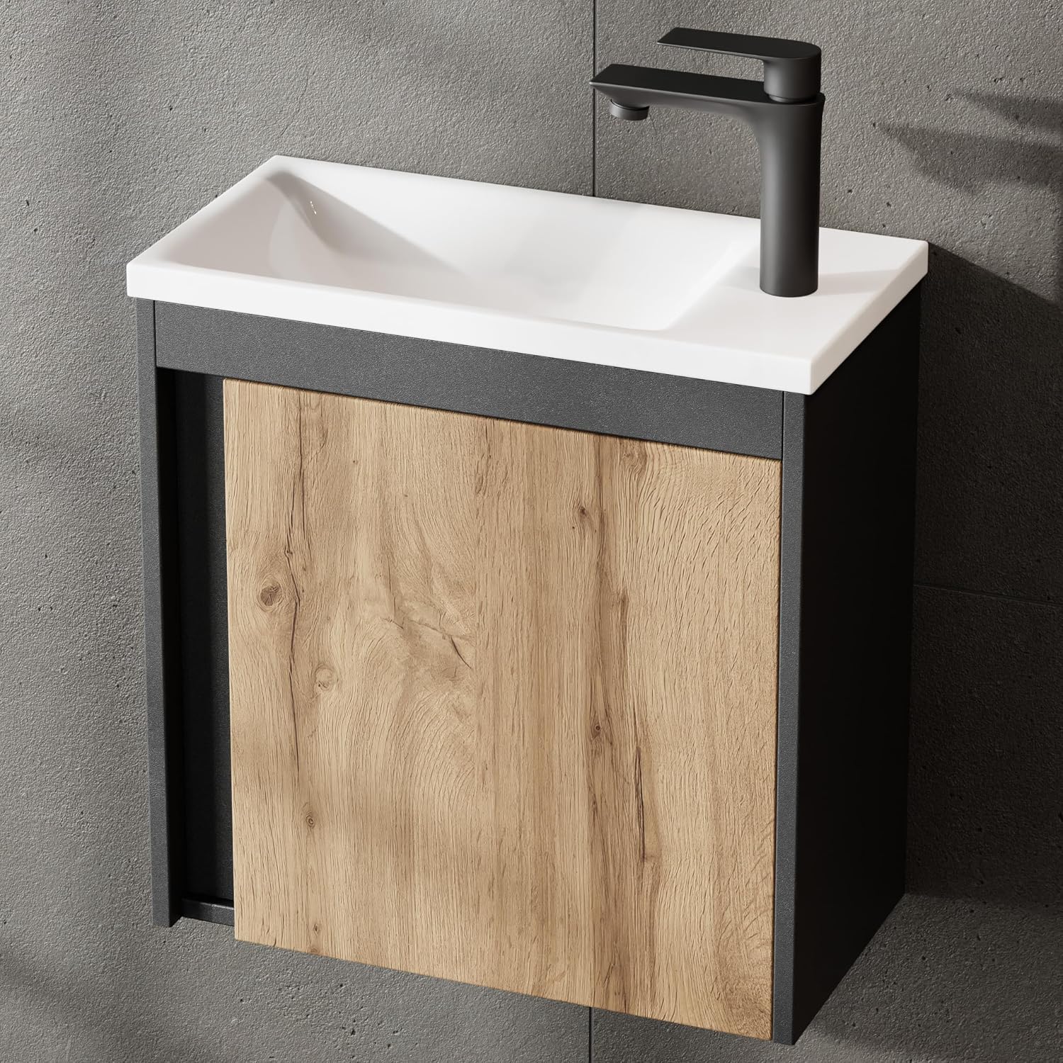 Planetmöbel Waschbecken mit Unterschrank 50 cm Gäste WC Waschbeckenunterschrank mit Waschbecken für kleine Bäder, Grau Matt/Wotan Eiche