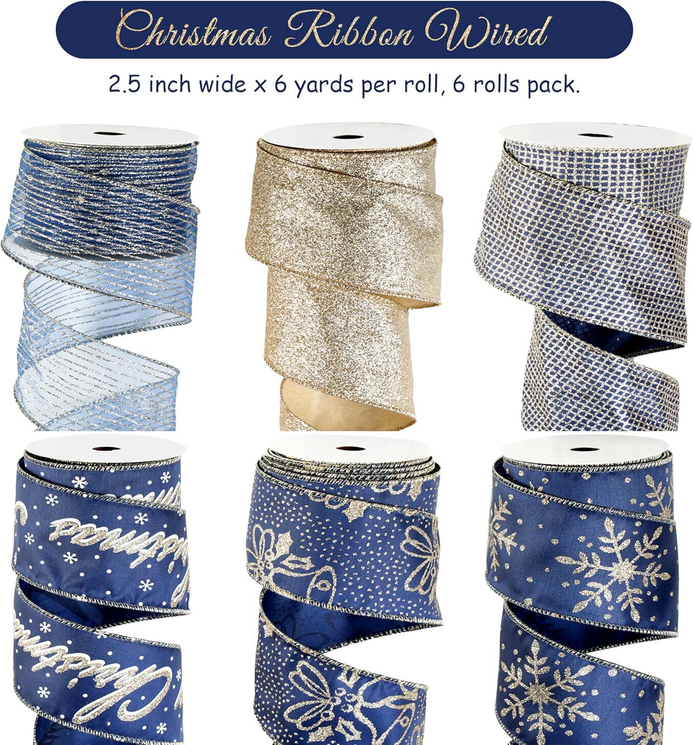 Blue Christmas Ribbon Wired 2.5 Inch, 6 Rolls 36 Yards Navy Blue and Champagne Gold Christmas Tree Ribbon for Wreaths, Topper Bows, Gifts, Ribbon for Christmas Decoration
