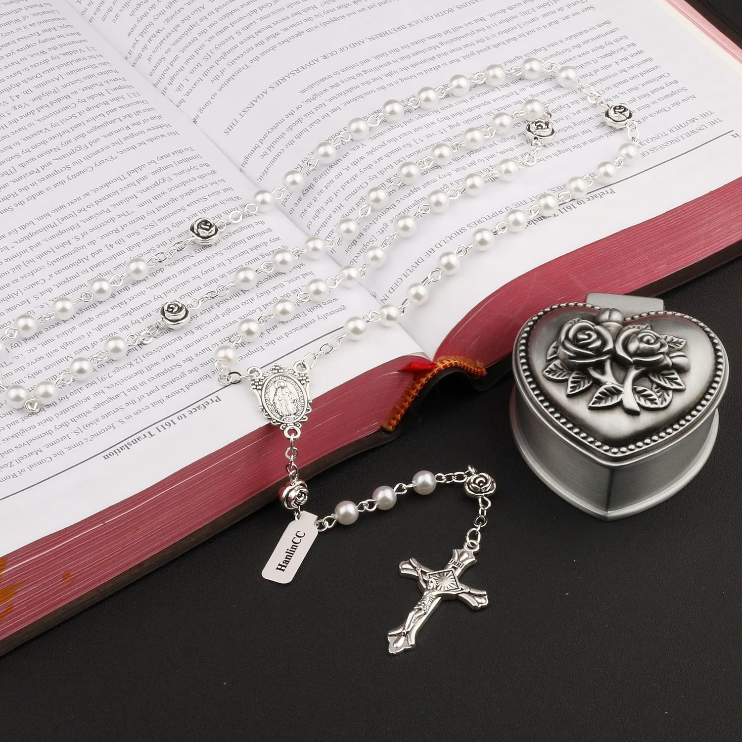 HanlinCC Miraculous Catholic Rosary Necklace with Rose Heart Metal Box