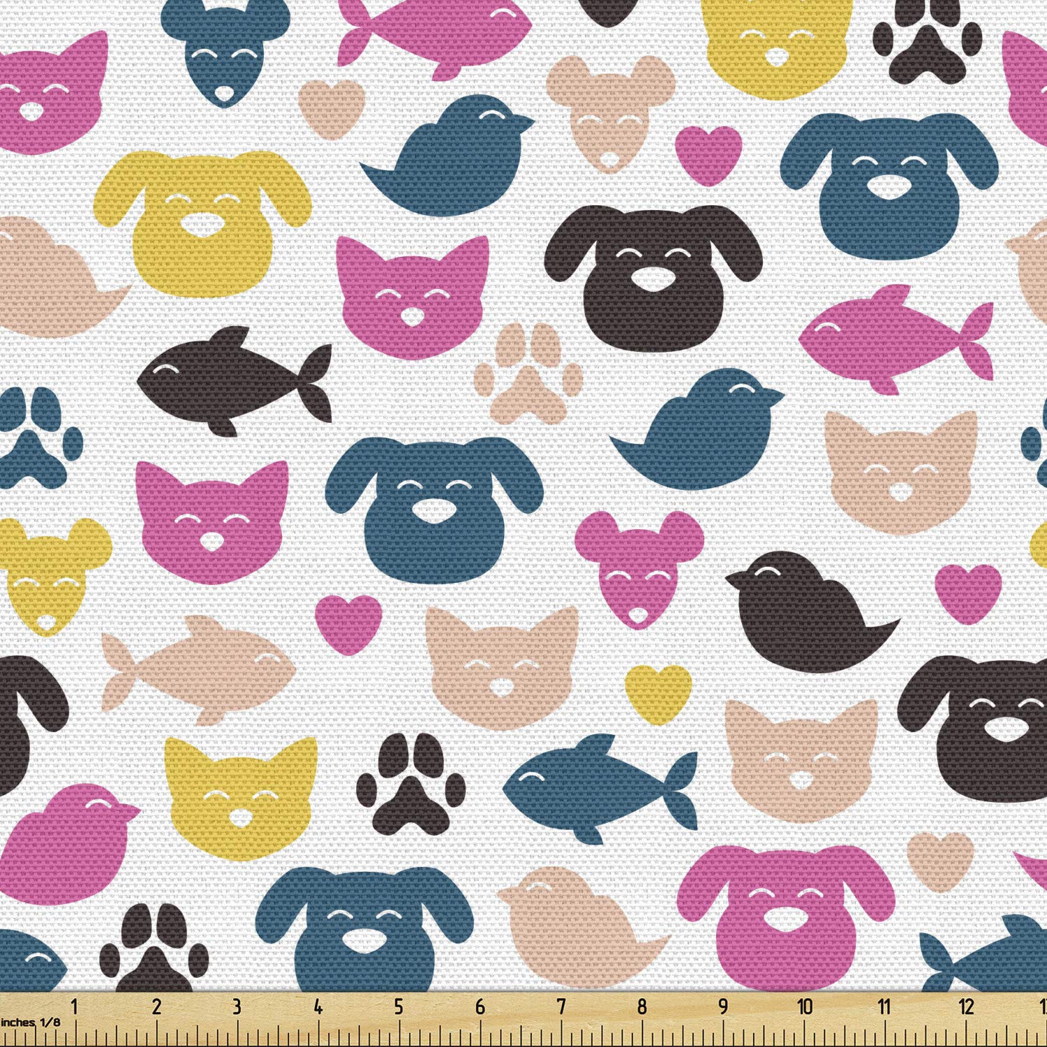 Ambesonne Animal Fabric by The Yard, Cheerful Domestic Pets Colorful Pattern Cat Dog Fish Bird and Mouse Faces Hearts, Decorative Fabric for Upholstery and Home Accents, 2 Yards, Brown Pink