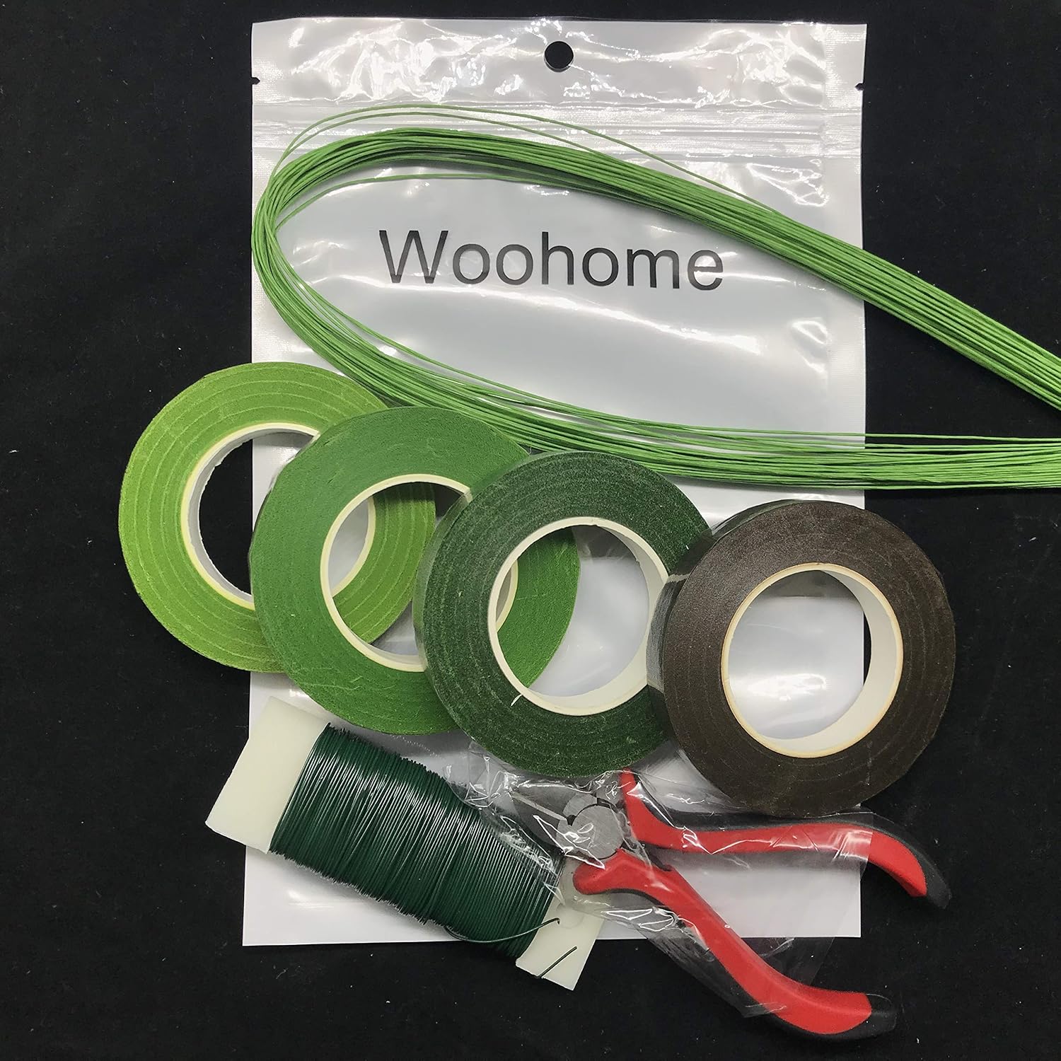 Woohome Floral Arrangement Tool Kit Floral Tape Stem Wrap 1/2 Inch, 26 Gauge Green Stem Wire Floral Wire, 22 Gauge Green Paddle Wire and 4.5 Inch Wire Cutter for Bouquet Stem Wrap Florist