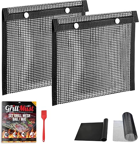 GrillMust Juego de 2 bolsas grandes de malla para parrilla al aire libre, 12 x 9.5 pulgadas, alfombrilla antiadherente para parrilla y alfombrilla GrillMust Juego de 2 bolsas grandes de malla para parrilla al aire libre, 12 x 9.5 pulgadas, alfombrilla antiadherente para parrilla y alfombrilla