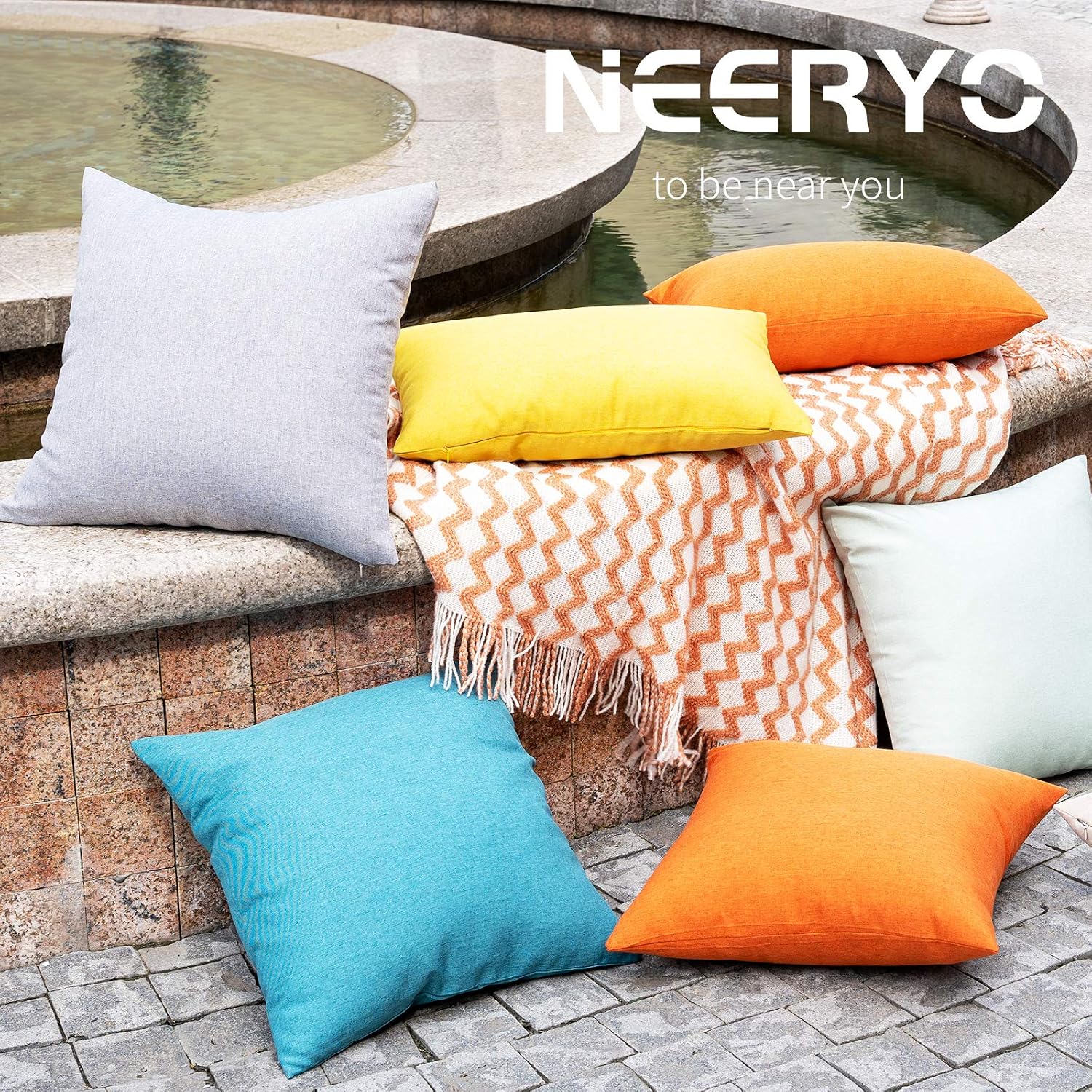 NEERYO Decorative Outdoor Waterproof Throw Pillow Covers Solid Linen Farmhouse Pillowcases for Garden Patio Tent Balcony Couch Sofa Set of 2 18" x 18" Peacock Blue