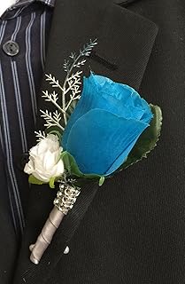 Angel Isabella Boutonniere:Deep Blue Turquoise Rose Bud and Mini White Rose with Silver Accents